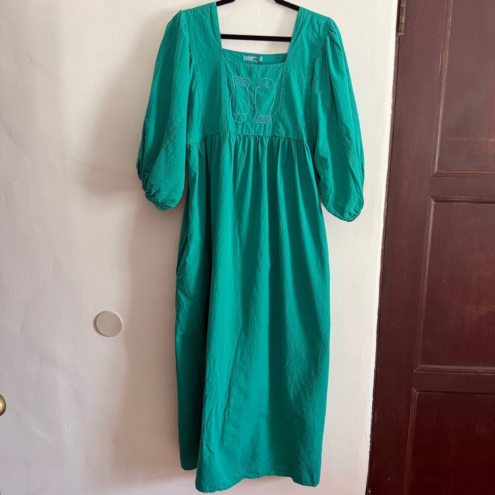 BOBO CHOICES Green Organic Recycled Cotton Textured Dress Embroidered Fish Large